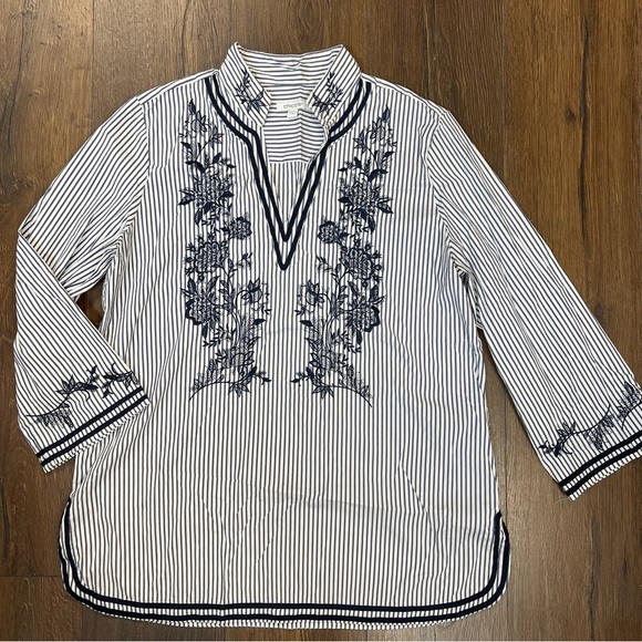 Chico’s Poplin Embroidered Stripe Tunic SZ 2/LG - Picture 1 of 5